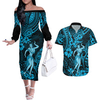 Hawaii Hula Girl Couples Matching Off The Shoulder Long Sleeve Dress and Hawaiian Shirt Hibiscus Hawaii Tribal Tattoo Sky Blue Version - Wonder Print Shop