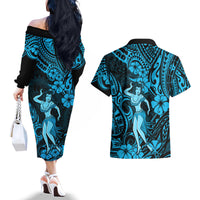 Hawaii Hula Girl Couples Matching Off The Shoulder Long Sleeve Dress and Hawaiian Shirt Hibiscus Hawaii Tribal Tattoo Sky Blue Version - Wonder Print Shop