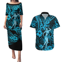 Hawaii Hula Girl Couples Matching Puletasi Dress and Hawaiian Shirt Hibiscus Hawaii Tribal Tattoo Sky Blue Version - Wonder Print Shop