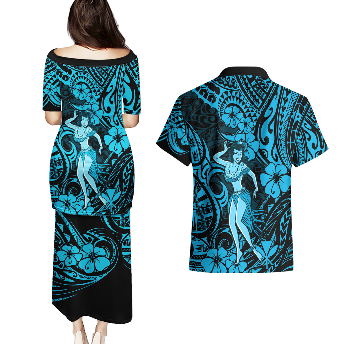 Hawaii Hula Girl Couples Matching Puletasi Dress and Hawaiian Shirt Hibiscus Hawaii Tribal Tattoo Sky Blue Version - Wonder Print Shop