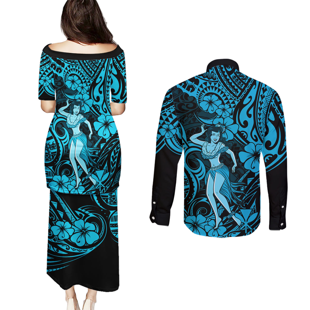 Hawaii Hula Girl Couples Matching Puletasi Dress and Long Sleeve Button Shirts Hibiscus Hawaii Tribal Tattoo Sky Blue Version - Wonder Print Shop
