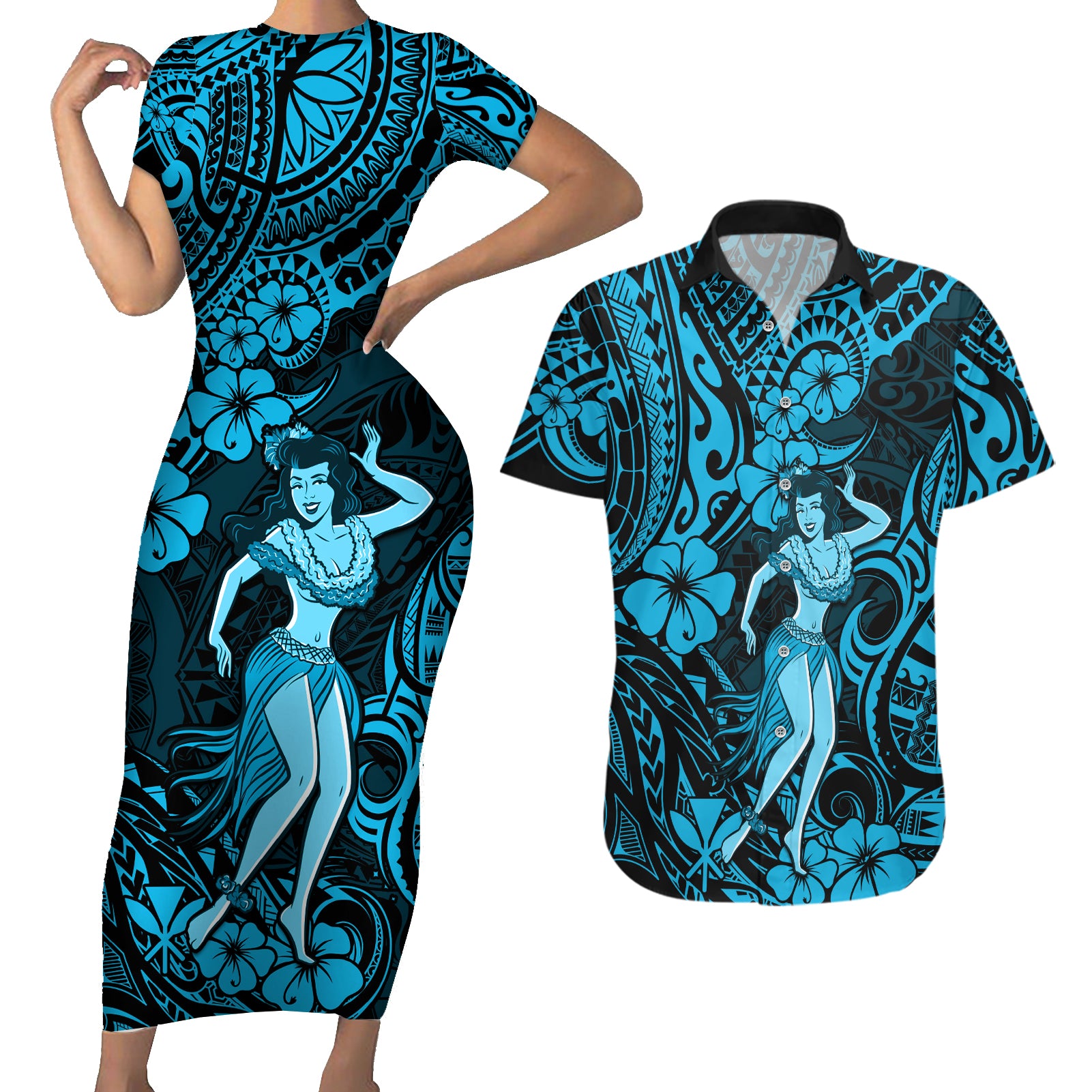 Hawaii Hula Girl Couples Matching Short Sleeve Bodycon Dress and Hawaiian Shirt Hibiscus Hawaii Tribal Tattoo Sky Blue Version - Wonder Print Shop