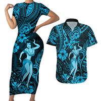 Hawaii Hula Girl Couples Matching Short Sleeve Bodycon Dress and Hawaiian Shirt Hibiscus Hawaii Tribal Tattoo Sky Blue Version - Wonder Print Shop