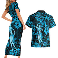 Hawaii Hula Girl Couples Matching Short Sleeve Bodycon Dress and Hawaiian Shirt Hibiscus Hawaii Tribal Tattoo Sky Blue Version - Wonder Print Shop