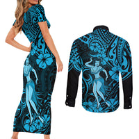 Hawaii Hula Girl Couples Matching Short Sleeve Bodycon Dress and Long Sleeve Button Shirts Hibiscus Hawaii Tribal Tattoo Sky Blue Version - Wonder Print Shop