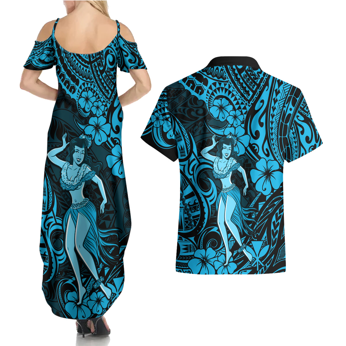 Hawaii Hula Girl Couples Matching Summer Maxi Dress and Hawaiian Shirt Hibiscus Hawaii Tribal Tattoo Sky Blue Version - Wonder Print Shop
