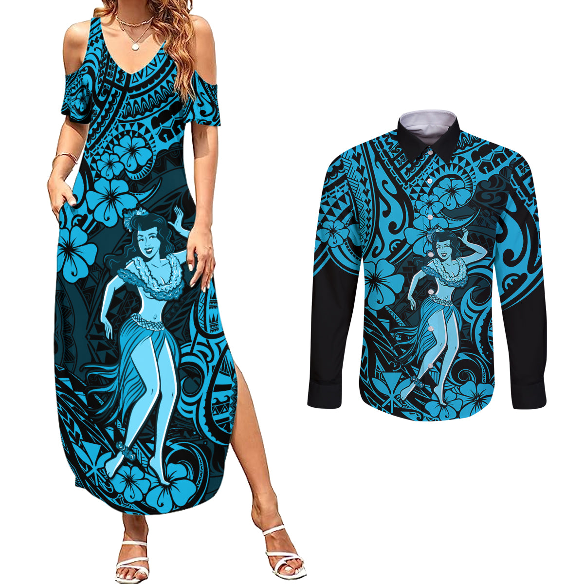 Hawaii Hula Girl Couples Matching Summer Maxi Dress and Long Sleeve Button Shirts Hibiscus Hawaii Tribal Tattoo Sky Blue Version - Wonder Print Shop