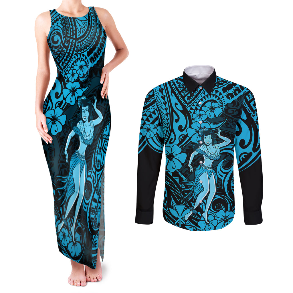 Hawaii Hula Girl Couples Matching Tank Maxi Dress and Long Sleeve Button Shirts Hibiscus Hawaii Tribal Tattoo Sky Blue Version - Wonder Print Shop