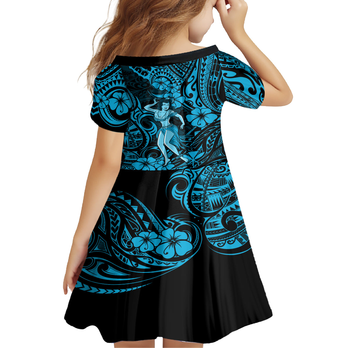 Hawaii Hula Girl Family Matching Long Sleeve Bodycon Dress and Hawaiian Shirt Hibiscus Hawaii Tribal Tattoo Sky Blue Version - Wonder Print Shop