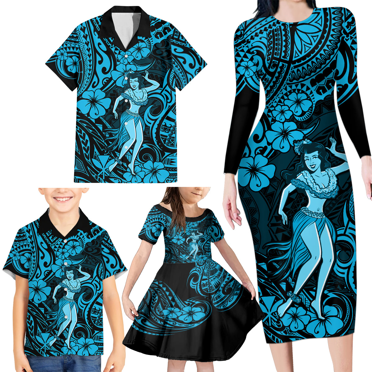 Hawaii Hula Girl Family Matching Long Sleeve Bodycon Dress and Hawaiian Shirt Hibiscus Hawaii Tribal Tattoo Sky Blue Version - Wonder Print Shop