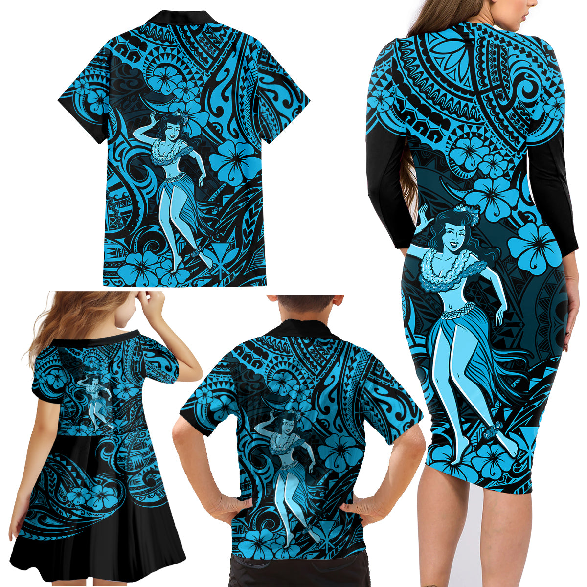 Hawaii Hula Girl Family Matching Long Sleeve Bodycon Dress and Hawaiian Shirt Hibiscus Hawaii Tribal Tattoo Sky Blue Version - Wonder Print Shop