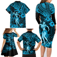 Hawaii Hula Girl Family Matching Long Sleeve Bodycon Dress and Hawaiian Shirt Hibiscus Hawaii Tribal Tattoo Sky Blue Version - Wonder Print Shop