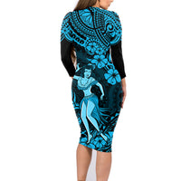 Hawaii Hula Girl Family Matching Long Sleeve Bodycon Dress and Hawaiian Shirt Hibiscus Hawaii Tribal Tattoo Sky Blue Version - Wonder Print Shop