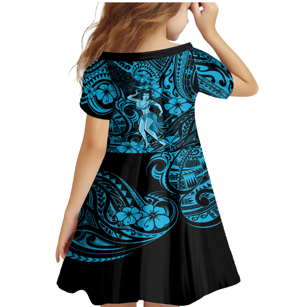Hawaii Hula Girl Family Matching Mermaid Dress and Hawaiian Shirt Hibiscus Hawaii Tribal Tattoo Sky Blue Version - Wonder Print Shop