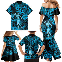 Hawaii Hula Girl Family Matching Mermaid Dress and Hawaiian Shirt Hibiscus Hawaii Tribal Tattoo Sky Blue Version - Wonder Print Shop