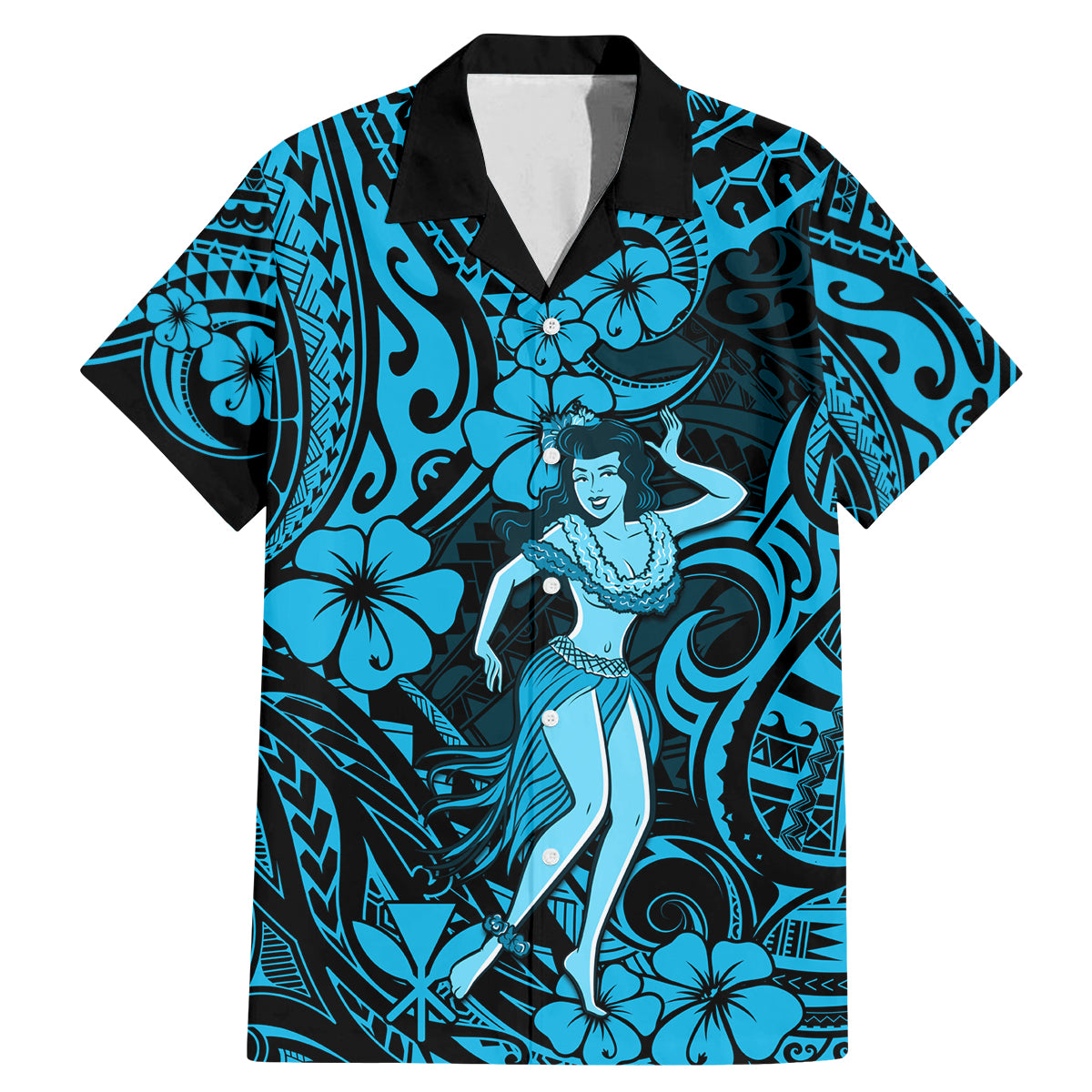 Hawaii Hula Girl Family Matching Mermaid Dress and Hawaiian Shirt Hibiscus Hawaii Tribal Tattoo Sky Blue Version - Wonder Print Shop