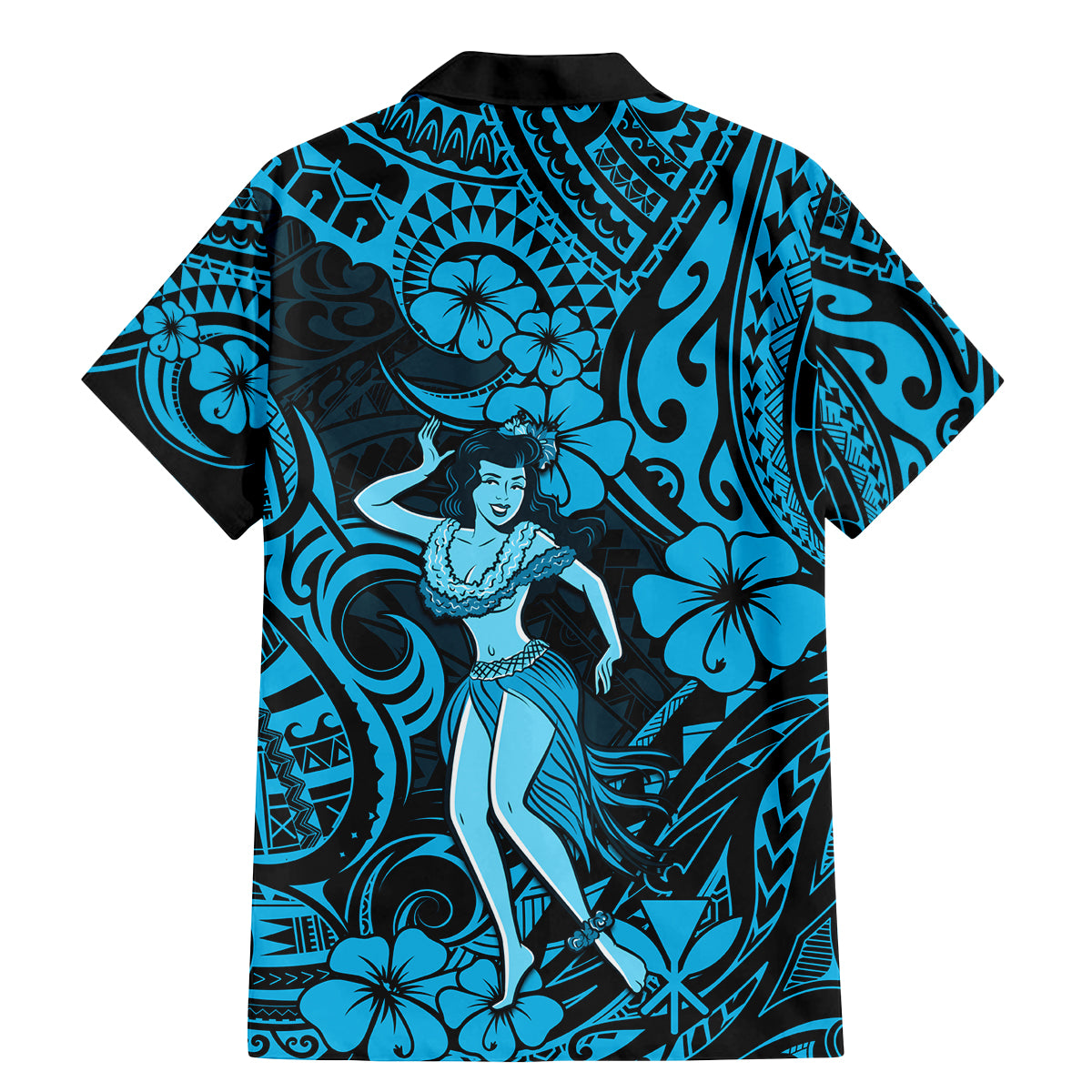 Hawaii Hula Girl Family Matching Mermaid Dress and Hawaiian Shirt Hibiscus Hawaii Tribal Tattoo Sky Blue Version - Wonder Print Shop