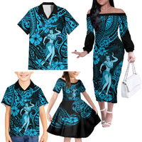 Hawaii Hula Girl Family Matching Off Shoulder Long Sleeve Dress and Hawaiian Shirt Hibiscus Hawaii Tribal Tattoo Sky Blue Version - Wonder Print Shop