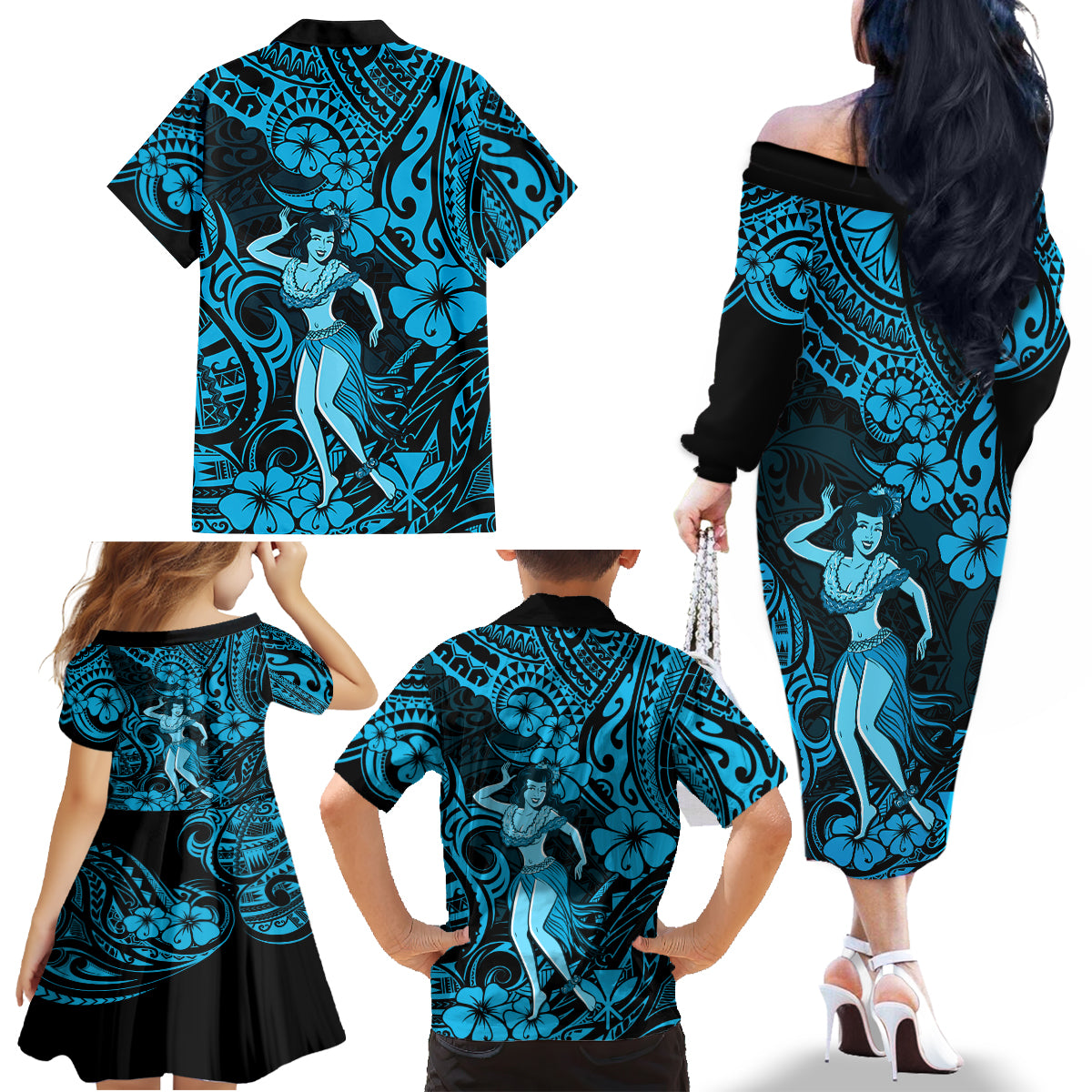 Hawaii Hula Girl Family Matching Off Shoulder Long Sleeve Dress and Hawaiian Shirt Hibiscus Hawaii Tribal Tattoo Sky Blue Version - Wonder Print Shop