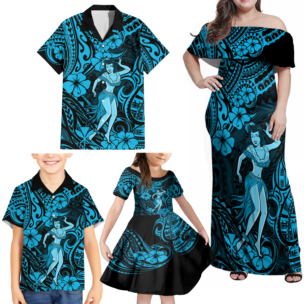 Hawaii Hula Girl Family Matching Off Shoulder Maxi Dress and Hawaiian Shirt Hibiscus Hawaii Tribal Tattoo Sky Blue Version - Wonder Print Shop