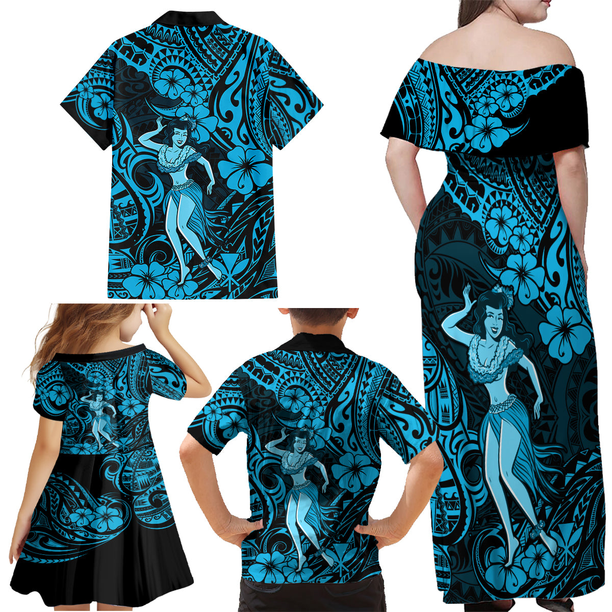 Hawaii Hula Girl Family Matching Off Shoulder Maxi Dress and Hawaiian Shirt Hibiscus Hawaii Tribal Tattoo Sky Blue Version - Wonder Print Shop