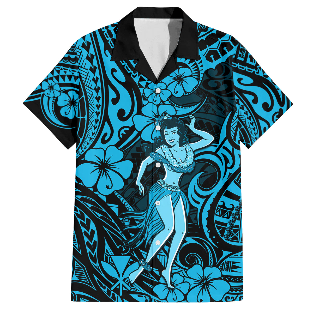 Hawaii Hula Girl Family Matching Off Shoulder Maxi Dress and Hawaiian Shirt Hibiscus Hawaii Tribal Tattoo Sky Blue Version - Wonder Print Shop
