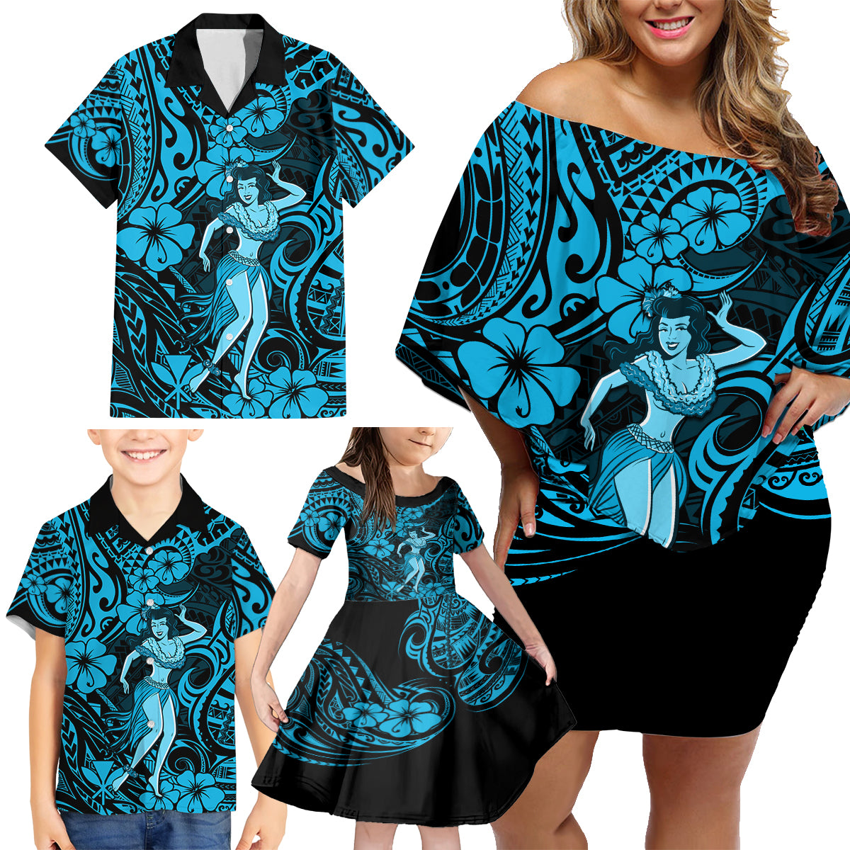 Hawaii Hula Girl Family Matching Off Shoulder Short Dress and Hawaiian Shirt Hibiscus Hawaii Tribal Tattoo Sky Blue Version - Wonder Print Shop