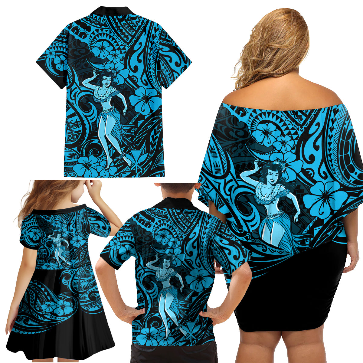 Hawaii Hula Girl Family Matching Off Shoulder Short Dress and Hawaiian Shirt Hibiscus Hawaii Tribal Tattoo Sky Blue Version - Wonder Print Shop