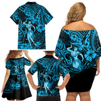 Hawaii Hula Girl Family Matching Off Shoulder Short Dress and Hawaiian Shirt Hibiscus Hawaii Tribal Tattoo Sky Blue Version - Wonder Print Shop