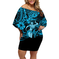 Hawaii Hula Girl Family Matching Off Shoulder Short Dress and Hawaiian Shirt Hibiscus Hawaii Tribal Tattoo Sky Blue Version - Wonder Print Shop