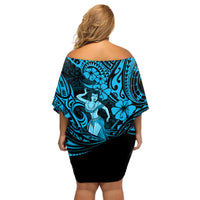 Hawaii Hula Girl Family Matching Off Shoulder Short Dress and Hawaiian Shirt Hibiscus Hawaii Tribal Tattoo Sky Blue Version - Wonder Print Shop