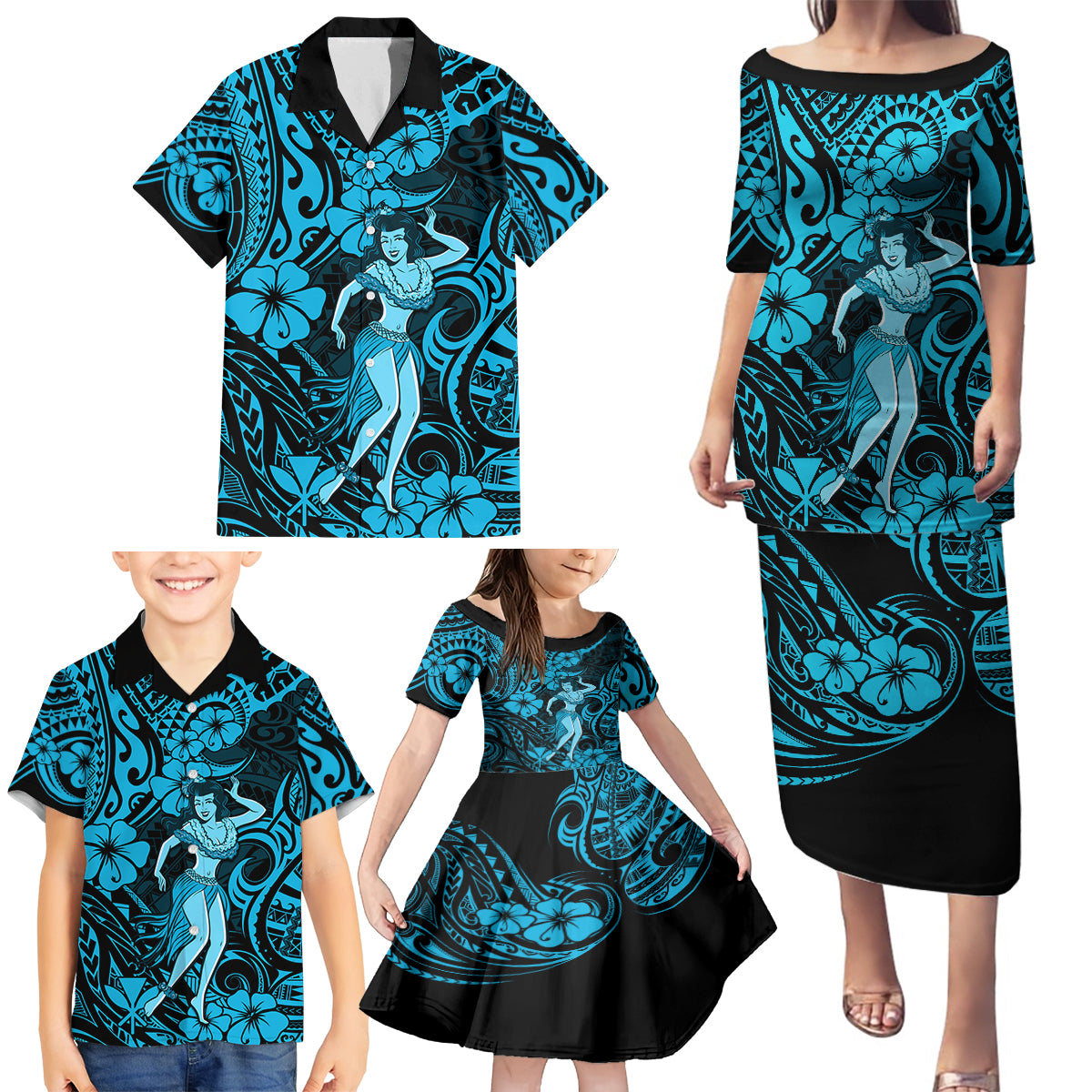 Hawaii Hula Girl Family Matching Puletasi Dress and Hawaiian Shirt Hibiscus Hawaii Tribal Tattoo Sky Blue Version - Wonder Print Shop
