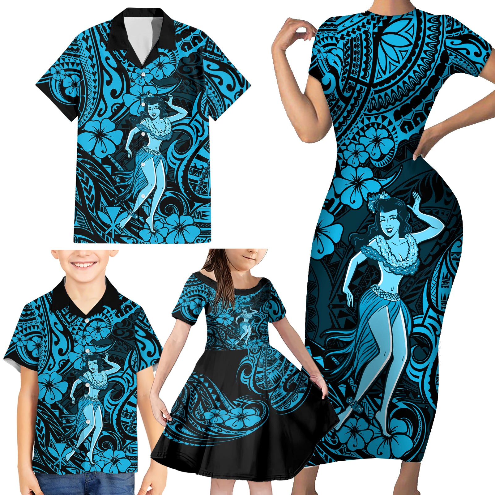 Hawaii Hula Girl Family Matching Short Sleeve Bodycon Dress and Hawaiian Shirt Hibiscus Hawaii Tribal Tattoo Sky Blue Version - Wonder Print Shop