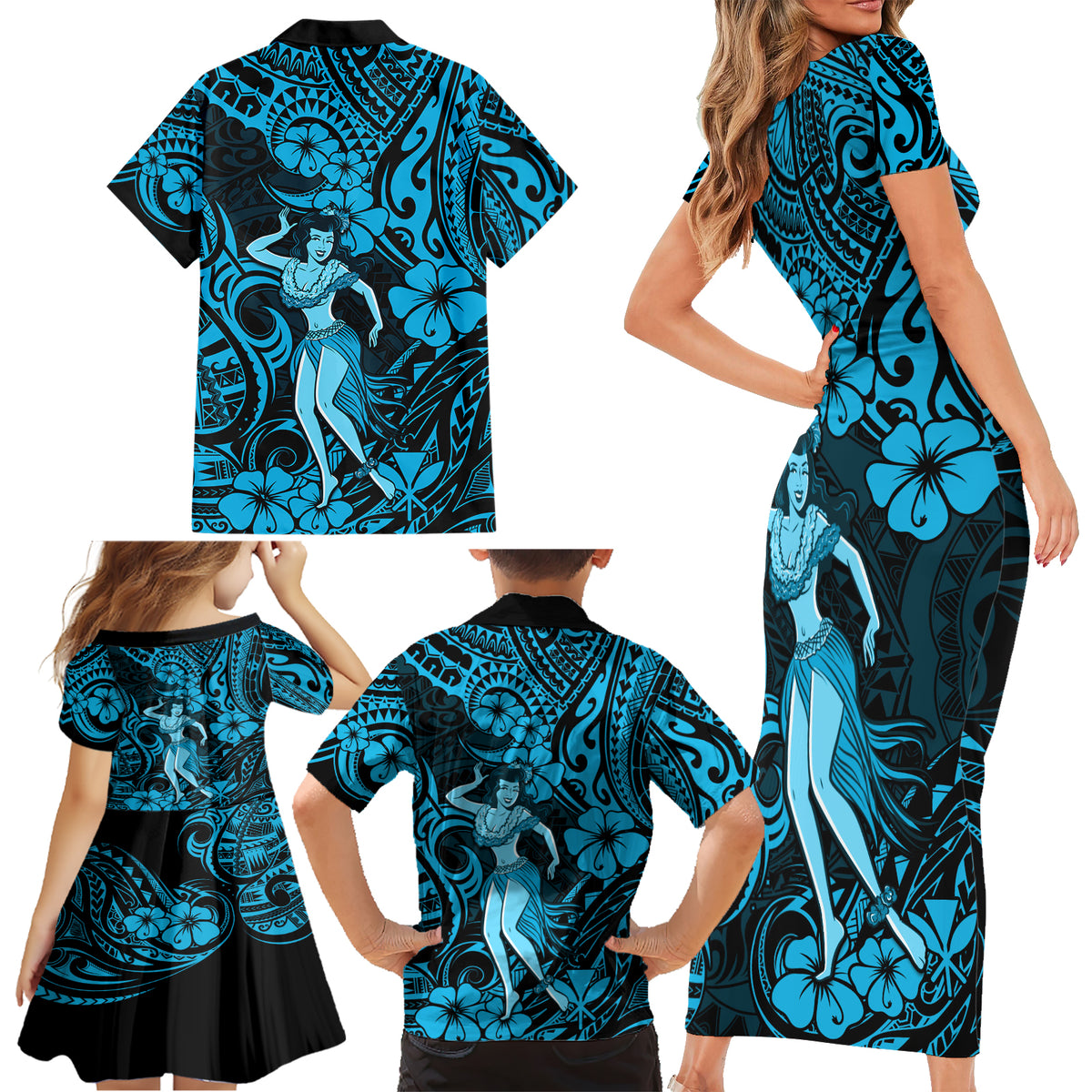 Hawaii Hula Girl Family Matching Short Sleeve Bodycon Dress and Hawaiian Shirt Hibiscus Hawaii Tribal Tattoo Sky Blue Version - Wonder Print Shop