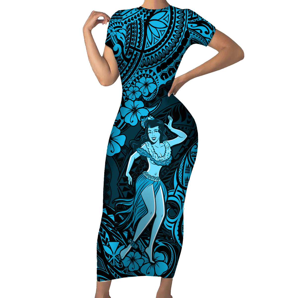 Hawaii Hula Girl Family Matching Short Sleeve Bodycon Dress and Hawaiian Shirt Hibiscus Hawaii Tribal Tattoo Sky Blue Version - Wonder Print Shop