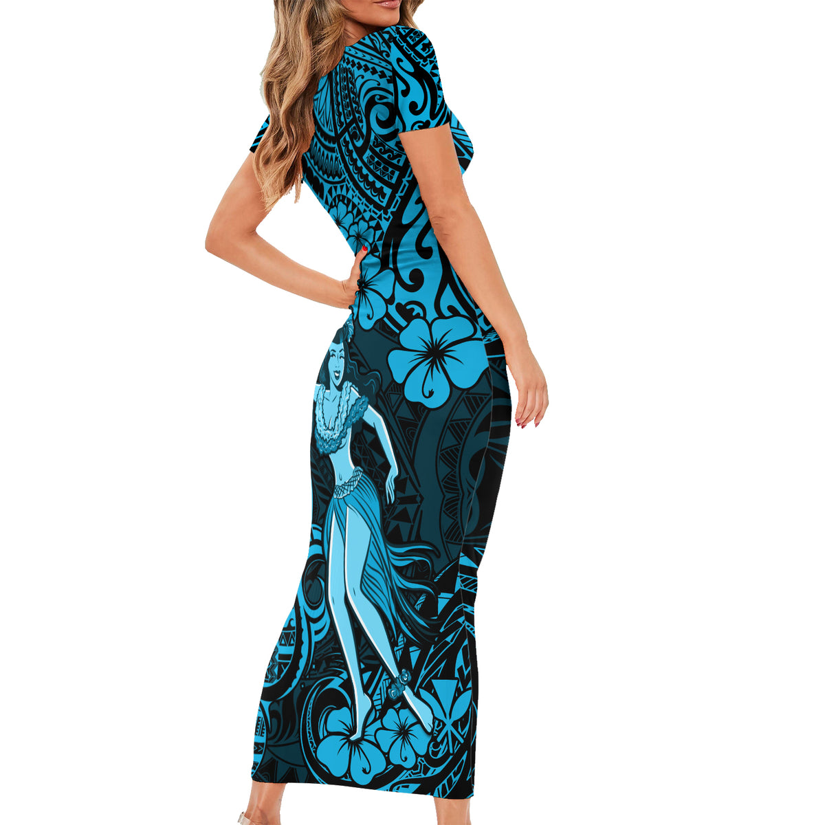 Hawaii Hula Girl Family Matching Short Sleeve Bodycon Dress and Hawaiian Shirt Hibiscus Hawaii Tribal Tattoo Sky Blue Version - Wonder Print Shop