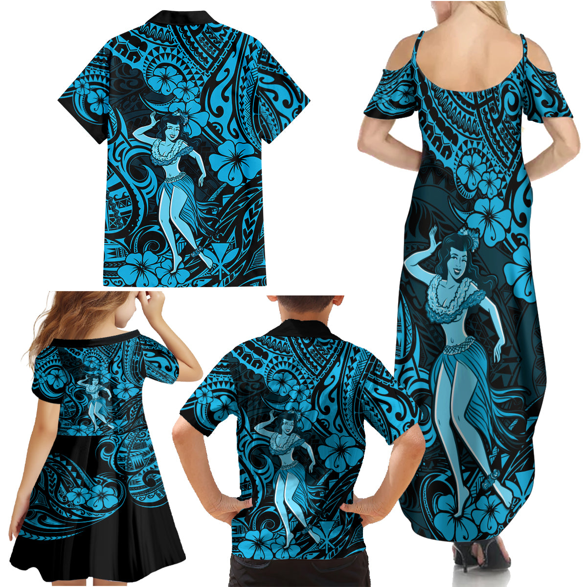 Hawaii Hula Girl Family Matching Summer Maxi Dress and Hawaiian Shirt Hibiscus Hawaii Tribal Tattoo Sky Blue Version - Wonder Print Shop