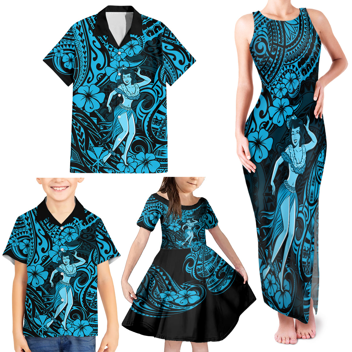 Hawaii Hula Girl Family Matching Tank Maxi Dress and Hawaiian Shirt Hibiscus Hawaii Tribal Tattoo Sky Blue Version - Wonder Print Shop