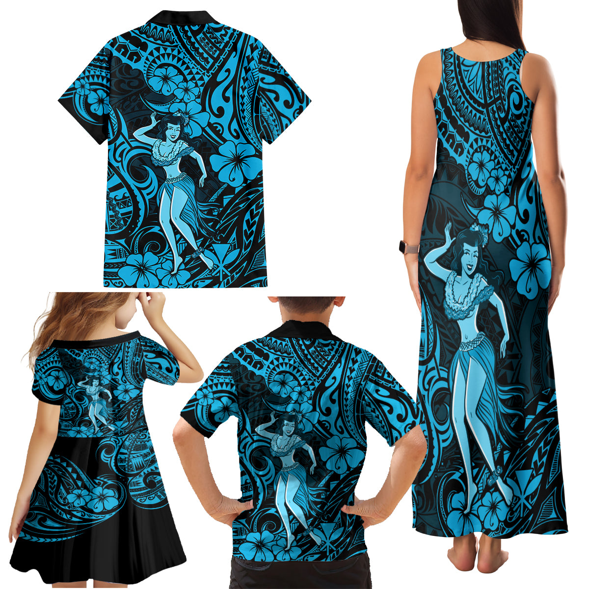 Hawaii Hula Girl Family Matching Tank Maxi Dress and Hawaiian Shirt Hibiscus Hawaii Tribal Tattoo Sky Blue Version - Wonder Print Shop