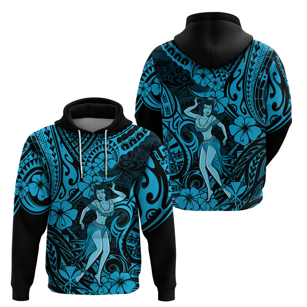 Hawaii Hula Girl Hoodie Hibiscus Hawaii Tribal Tattoo Sky Blue Version - Wonder Print Shop