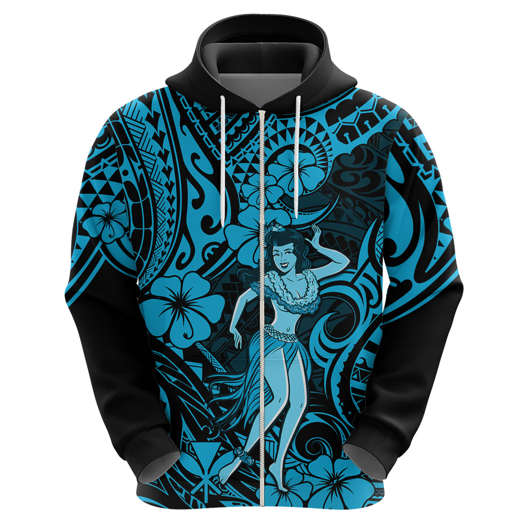 Hawaii Hula Girl Hoodie Hibiscus Hawaii Tribal Tattoo Sky Blue Version - Wonder Print Shop