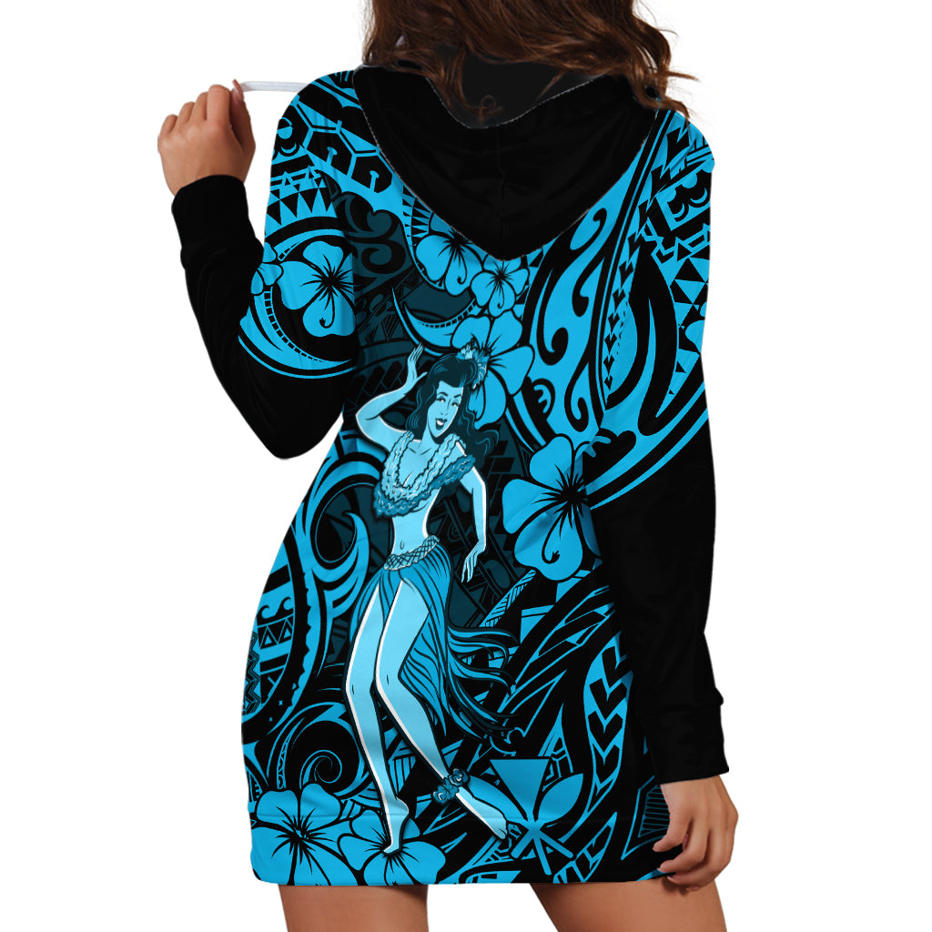 Hawaii Hula Girl Hoodie Dress Hibiscus Hawaii Tribal Tattoo Sky Blue Version - Wonder Print Shop