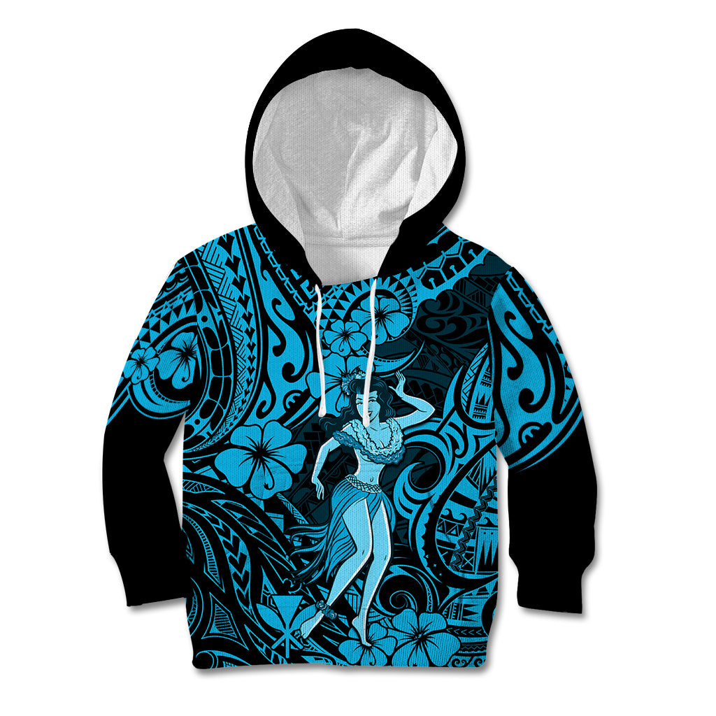 Hawaii Hula Girl Kid Hoodie Hibiscus Hawaii Tribal Tattoo Sky Blue Version - Wonder Print Shop