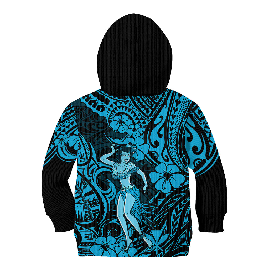 Hawaii Hula Girl Kid Hoodie Hibiscus Hawaii Tribal Tattoo Sky Blue Version - Wonder Print Shop