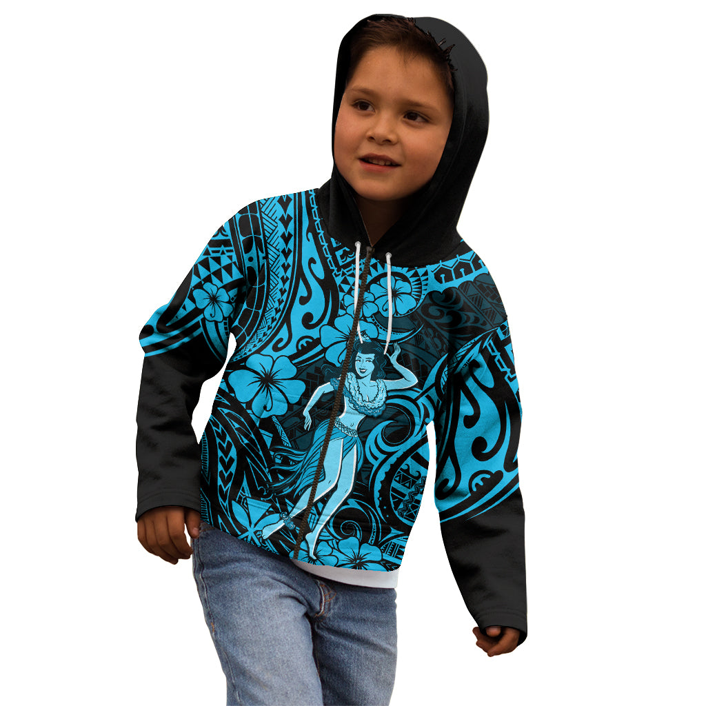 Hawaii Hula Girl Kid Hoodie Hibiscus Hawaii Tribal Tattoo Sky Blue Version - Wonder Print Shop