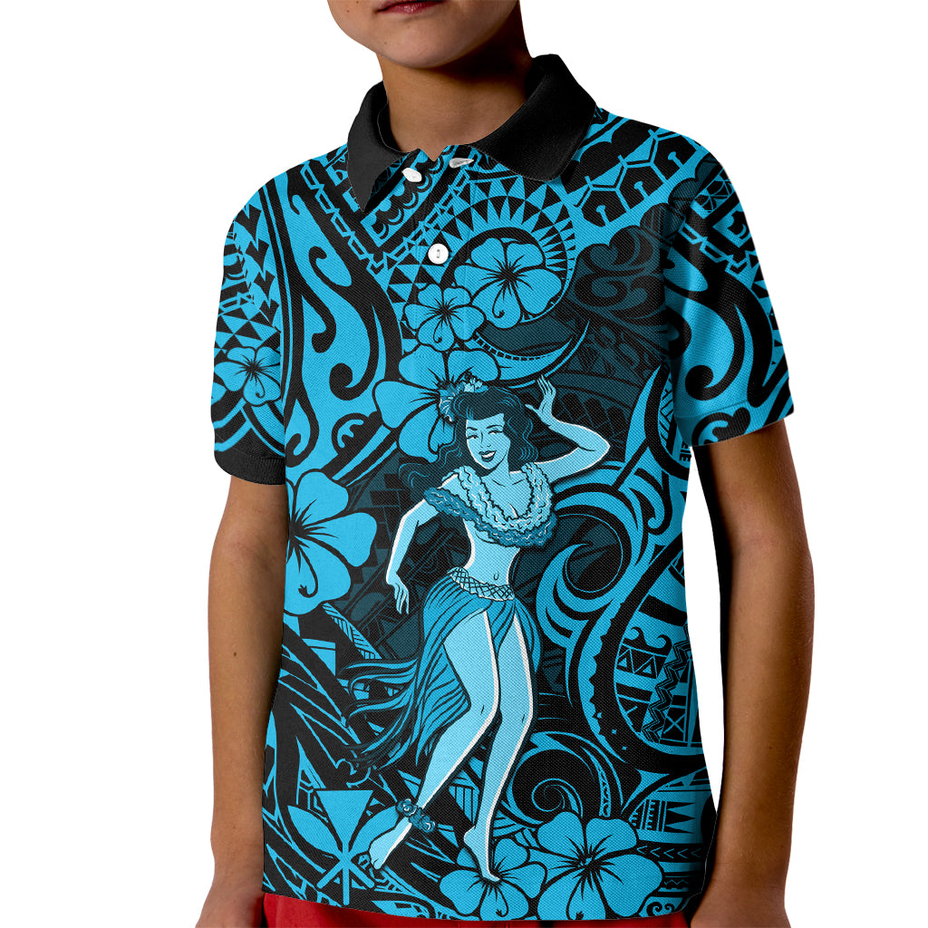 Hawaii Hula Girl Kid Polo Shirt Hibiscus Hawaii Tribal Tattoo Sky Blue Version - Wonder Print Shop