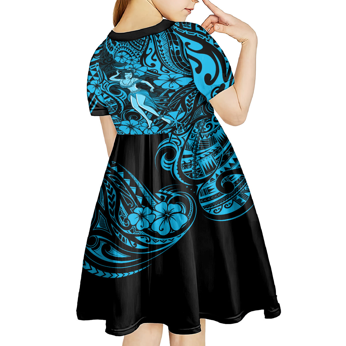 Hawaii Hula Girl Kid Short Sleeve Dress Hibiscus Hawaii Tribal Tattoo Sky Blue Version - Wonder Print Shop
