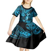 Hawaii Hula Girl Kid Short Sleeve Dress Hibiscus Hawaii Tribal Tattoo Sky Blue Version - Wonder Print Shop