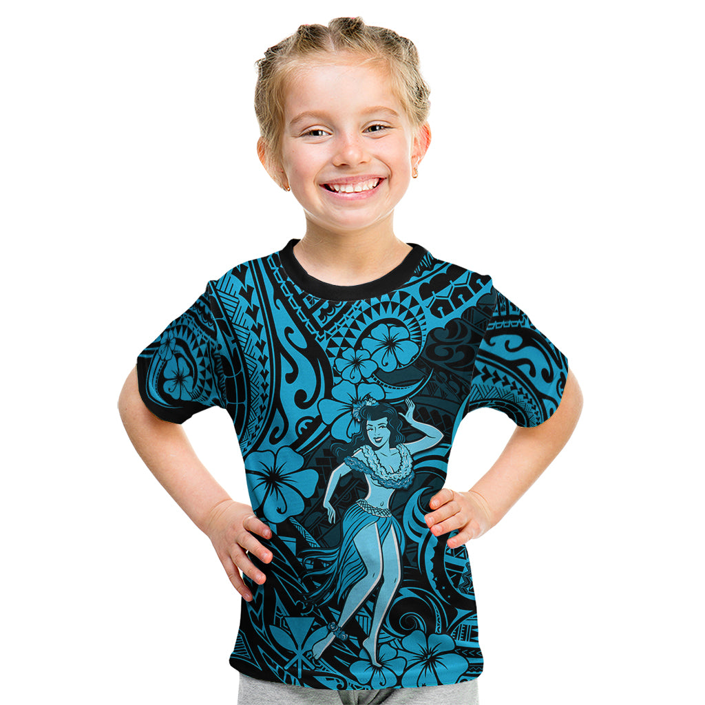 Hawaii Hula Girl Kid T Shirt Hibiscus Hawaii Tribal Tattoo Sky Blue Version - Wonder Print Shop