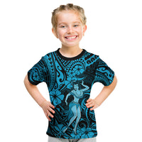 Hawaii Hula Girl Kid T Shirt Hibiscus Hawaii Tribal Tattoo Sky Blue Version - Wonder Print Shop